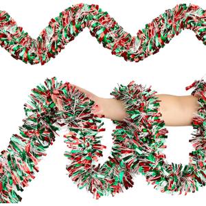 50FT Christmas Tinsel Garland, Red Green&White Metallic Twist Shiny Hanging Garland Ornaments for Christmas Tree, Party Supplies Thick Metallic Xmas Streamers