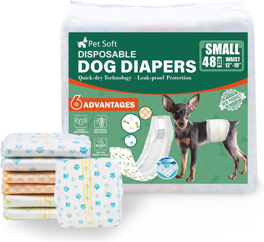 Pet Soft Disposable Dog Dipaers - Male Dog Wraps Wetness Indicator, Ultra Absorbent Puppy Diapers Male for Excitable Urination or Incontinence, 48pcs Small