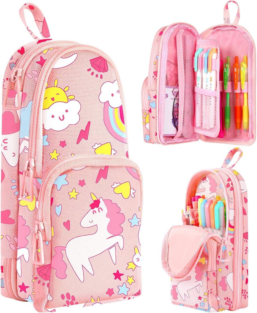 Cute Pencil Case,Unique Aesthetic 3D Schoolbag-Shaped Pencil Pouch for Girls Boys Kids Women,Big Capacity Pen and Pencil Stationery Organizer Bag with Zippers for School Office (Pink Rainbow)