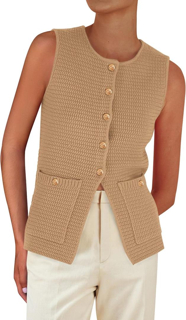 PRETTYGARDEN Women's 2026 Spring Sweater Vest Sleeveless Button Down Knit Cardigan Tank Tops Summer Business Casual Outfits (Khaki, Small)