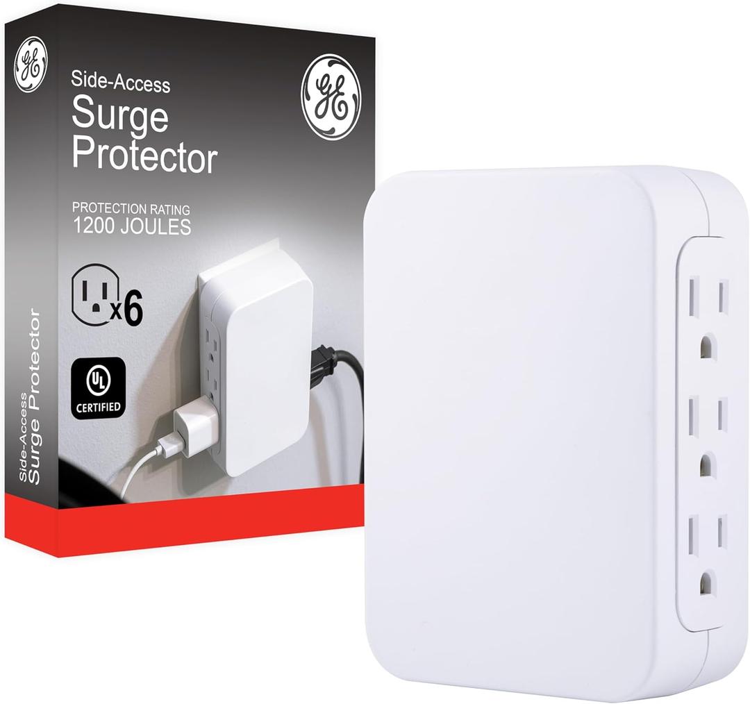 GE Pro 6-Outlet Extender, Surge Protector, Side Access, Wall Tap Adapter, 3-Prong, 1200 Joules, UL Listed, White, 10353
