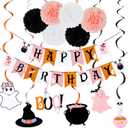 Pink and Black Swirls Happy Birthday Banner for Girls' Halloween Party