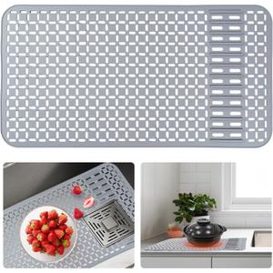 Silicone Sink Mat 26''x14'' Kitchen Sink Protector Mat With DIY Drain Hole, Grey Farmhouse Silicone Sink Mat Protector 1pcs Kitchen Sinks Accessories