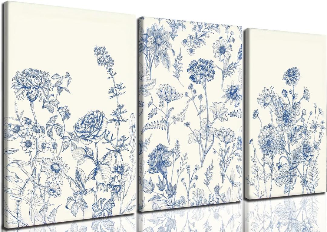 Blue Botanical Canvas Wall Art, 3 Piece Gallery Wrapped Set, 16x24 Inch
