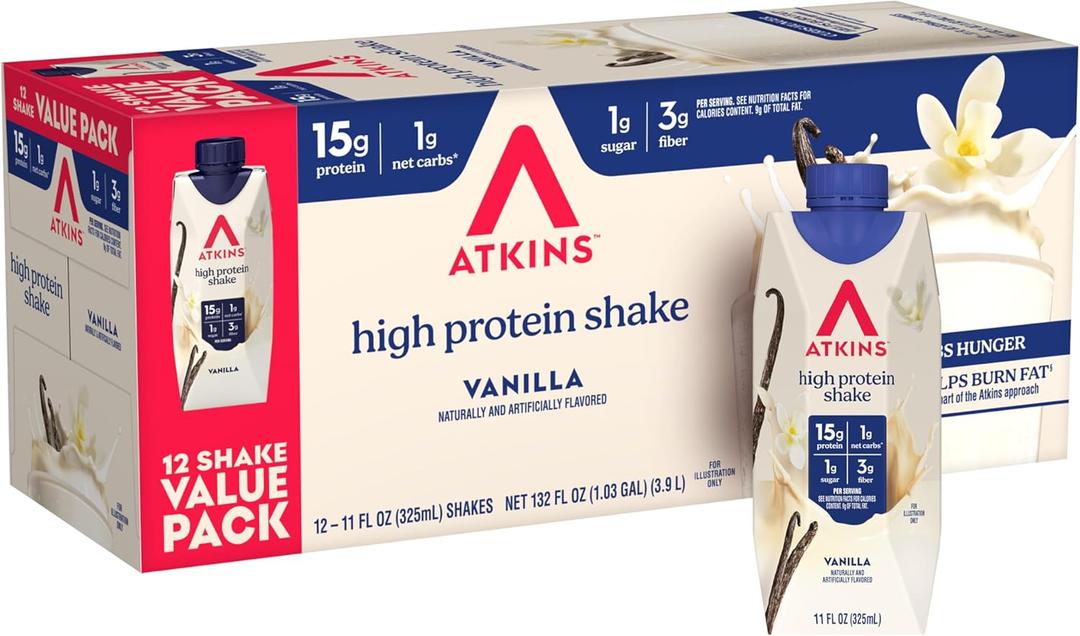 Atkins Creamy Vanilla High Protein Shake, 15g Protein, Low Glycemic, Low Carb and Low Sugar Shakes, Keto Friendly, 12 Vanilla Flavored Protein Shakes (EXP 01/31/26)
