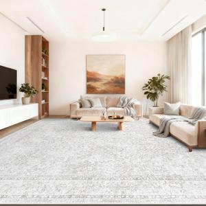 10x14 Area Rugs for Living Room: Washable Large Vintage Floral Rug Low Pile Non-Slip Boho Carpet for Bedroom Home Office Dining Room (FloralGrey, 10'x14')