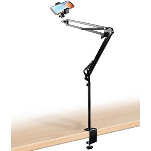 Overhead Phone Mount with Adjustable Arm and Desk Clamp, Camera Desk Mount Fit for DSLR iPhone Webcam Ring Light, Phone Holder Fit for YouTube TikTok Photography Video Recording