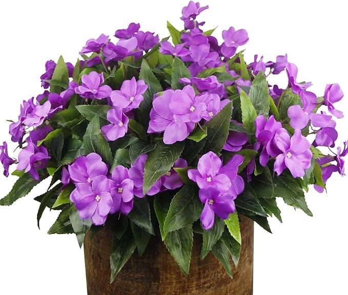 4 Pcs Artificial Impatiens Flowers for Outdoors Faux Impatiens Bushes Multicolor Silk Flowers Greenery Artificial Impatiens Bouquet for Patio Lawn Garden Pot Hanging Basket Porch Decoration