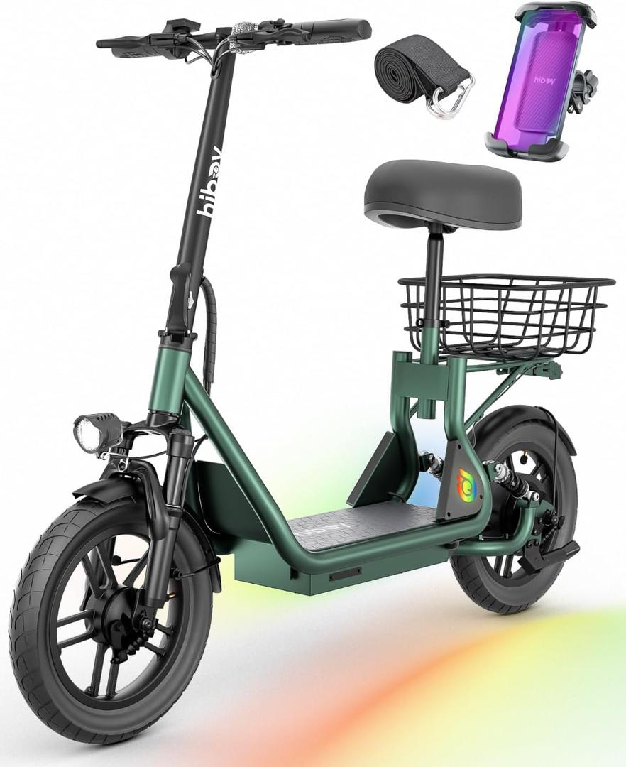 Hiboy Q2 Adult Electric Scooter with Seat & Phone Holder – 500W Motor, 22mi Range, 14" Wheels, Dual Suspension, Neon Lights, Foldable for Commute, Forest Green