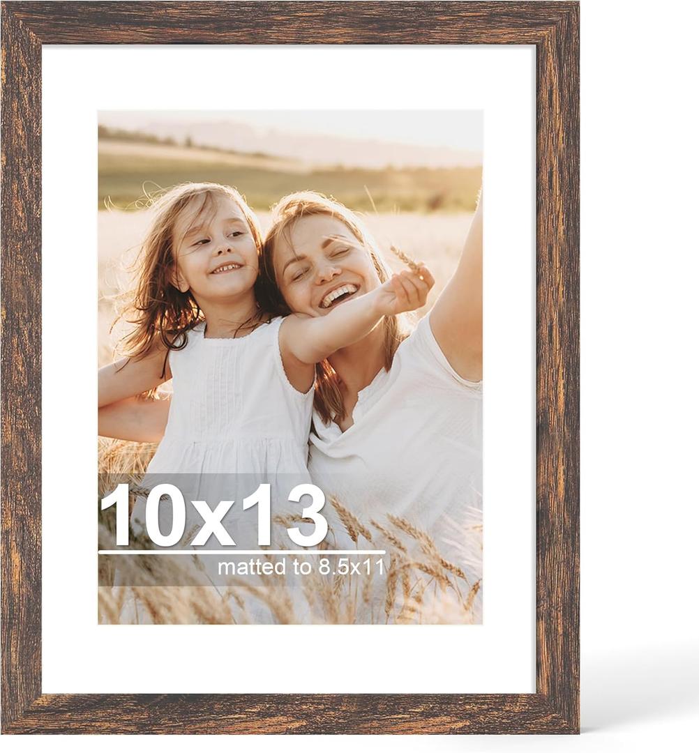 10x13 Picture Frame with Glass, Display Diploma 8.5x11 with Mat or 10 x 13 without Mat - Wall and Tabletop, 10 by 13 Photo Wooden Frames (Rustic Brown, 1 Pack)