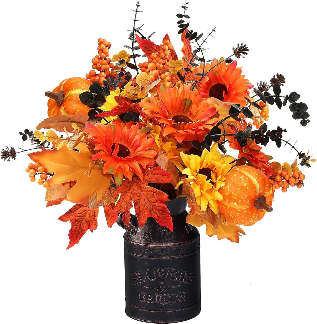 Sggvecsy Artificial Fall Flowers 2 Pcs Floral Arrangement with Metal Pot Fake Floral Stems Autumn Maple Leaves Branches Fall Silk Bouquets with Pumpkins Sunflower for Thanksgiving Home Table Decor