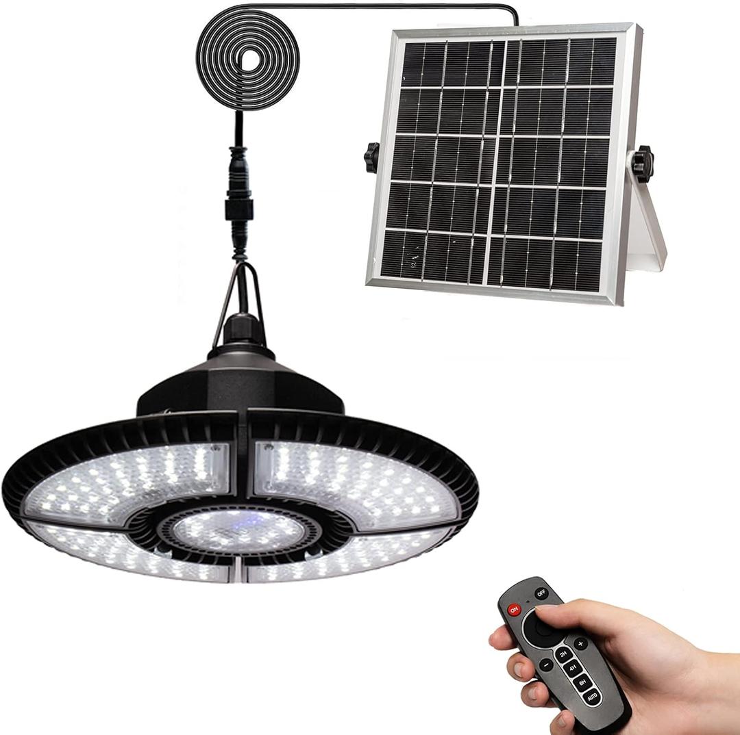 HULPPRE Solar Shed Light-Daytime or Night, 4+1 Leaves 136 Leds Brighter Solar Light Indoor & Outdoor with Remote, IP65 Barn/Chicken Coop/Workshop/Ceiling/Pendant Lamp for Patio, Garden, Yard, Gazebo
