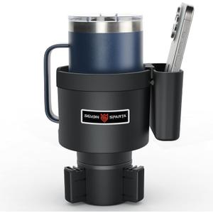 Seven Sparta Cup Holder Expander with Phone Holder & Cable Access, 3-in-1 Car Organizer, Side Storage Box for Phone/Cards, Compatible with Yeti, Owala, Hydro Flasks & Large Bottles Mugs in 3.4"-3.8" (Medium)