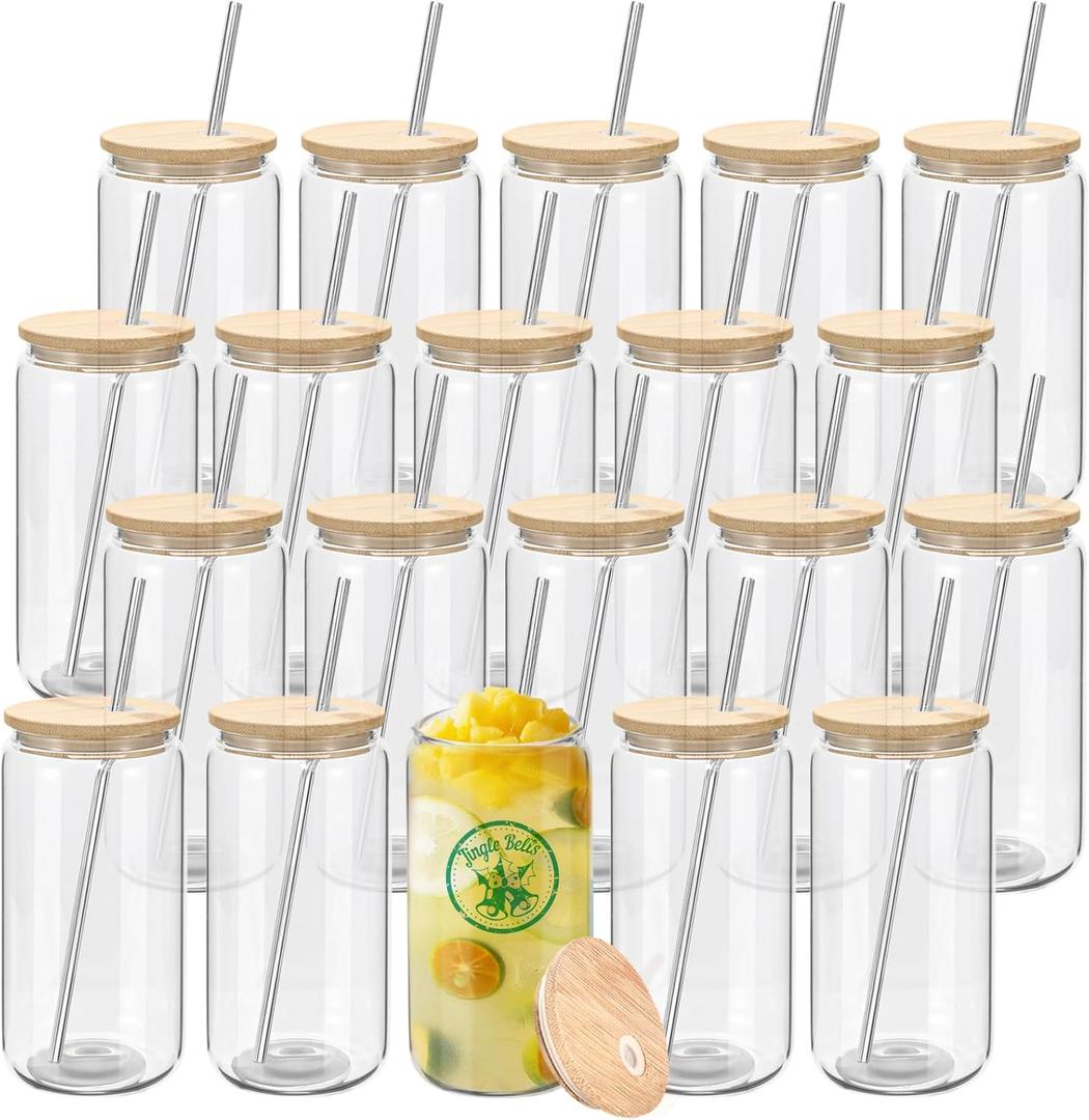 YOUKE OLA 20 Pack Glass Cups with Bamboo Lids and Metal Straw Can Shaped Drinking Glasses, Glass Tumbler Reusable Cute Cups for Whiskey, Iced Coffee, Tea, Soda, Cocktail, Gift, Clear 20oz