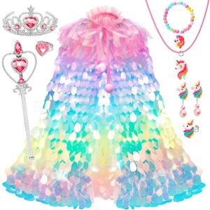 Princess Dress Up for Girls 4-6, 3 4 5 6 Year Old Girl Birthday Christmas Gifts, Rainbow Unicorn Toddler Toys for Ages 3-8, 9 PCS Mermaid Sequin Princess Cape Clothes for Little Girl Kids Party Favors