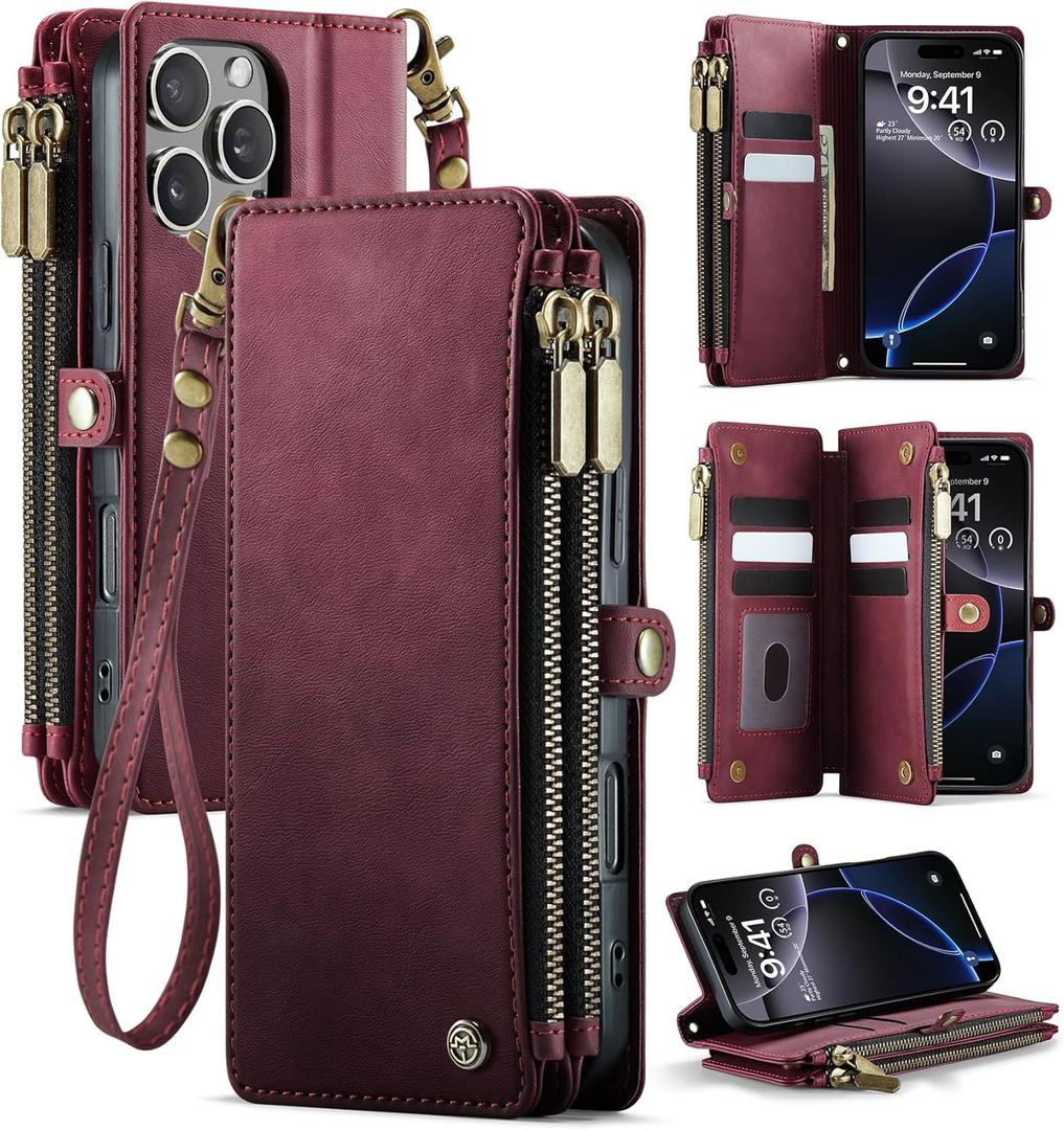 for iPhone 16 Pro Max Case Wallet with RFID Blocking 2-Zipper Pockets & 8-Credit Card Holder Slots & Wrist Strap | Vintage Soft PU Leather Magnetic Snap Flip Protective Phone Cover, Burgundy