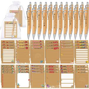 Cholemy 108 Pcs Teacher Sticky Notes and Pens Teacher Appreciation Gifts Bulk Kraft Self Sticky Notepads Thank You Bamboo Ballpoint Pens Thank You Gifts Memo Pads for Teacher School Supplies, 5.1 x 3.9 inches