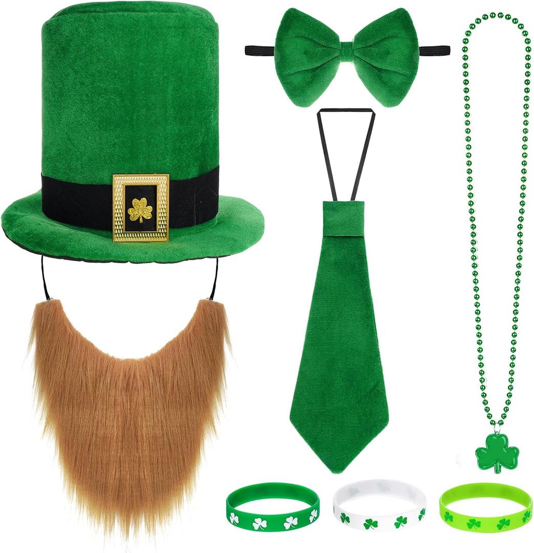 Marrywindix 8 Pcs St. Patrick's Day Party Costume Set Hat Fake Beard Tie Bow Tie Necklace Bracelet Accessories Suit for Masquerade Parties