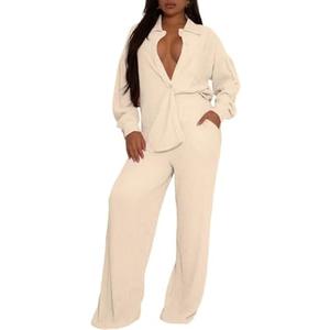 Ophestin Women 2 Piece Dressy Outfits Casual Pleated Long Sleeve Button Down Shirt Wide Leg Pants Loungewear Matching Sets Size L