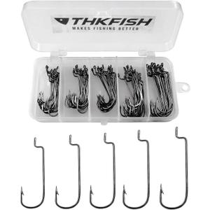 THKFISH 50pcs/100pcs/box Offset Worm Hook Fishing Hook Set Dropshot Hook Set Rubber Fish Jigs Fishing Kit # 2# 1 1/0 2/0 3/0 (five sizes-50pcs)