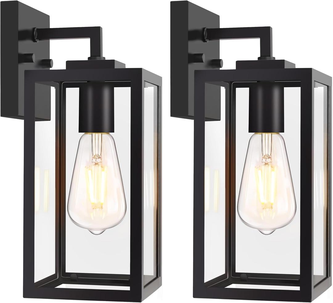Outdoor Wall Light Fixtures, Exterior Wall Lanterns, Waterproof Outside Wall Sconce for Front Porch, Garage, Patio, Black, 2-Pack, E26 Base, Anti-Rust, Tempered Glass, 12inch