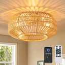 19 Inch Caged Ceiling Fans with Light, Hand-Woven Rattan Low Profile Fandelier Ceiling Fans with Light and Remote Control, 6 Speed, Bladeless Boho Enclosed Flush Mount Ceiling Fan for Bedroom Kitchen