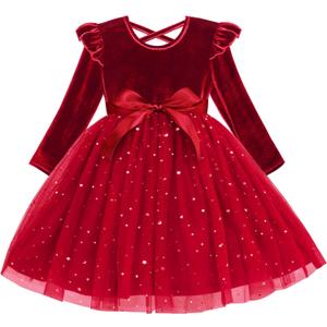 Cubear Toddler Girls Velvet Tutu Dress Fall Winter Long Sleeve Ruffle Dress for Holiday Party Causal 3-7Y (Red)