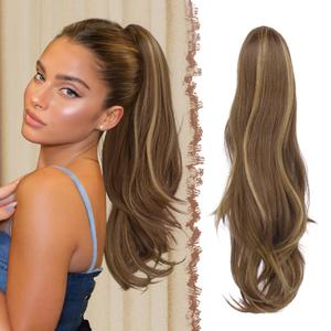 FESHFEN Drawstring Ponytail Extension, Natural Long Wavy Layered Synthetic Pony Tails Honey Blonde Mixed Light Brown Hair Extensions Hairpieces for Women, 20 inch