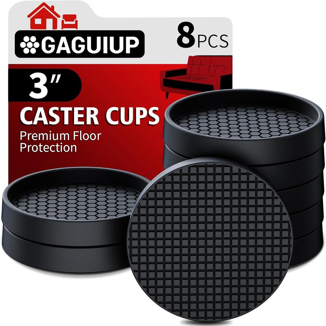 Non Slip Furniture Pads- 3"x3" Round Anti Skid Caster Cups Furniture Coasters, Anti-Sliding Grippers Floor Protectors for Furniture Bed, Couch, Chair Leg, Black(Set of 8)
