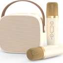 Mini Karaoke Machine Microphone,Fun Toys Christmas Birthday Gifts for Adult Kids/Toddler Boys Girls 3 4 5 6 7 8 9 10 11 12+,Portable Bluetooth Speaker with 2 Wireless Microphone (Beige 2 Mics)