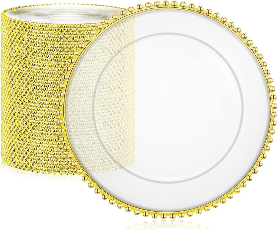 Gerrii 50 Pcs Clear Charger Plates 13 Inch Plastic Round Dinner Plates with Beaded Rim Dinner Table Decorative Charger for Home Wedding Kitchen Birthday Bridal Shower Party Table Supply(Gold)