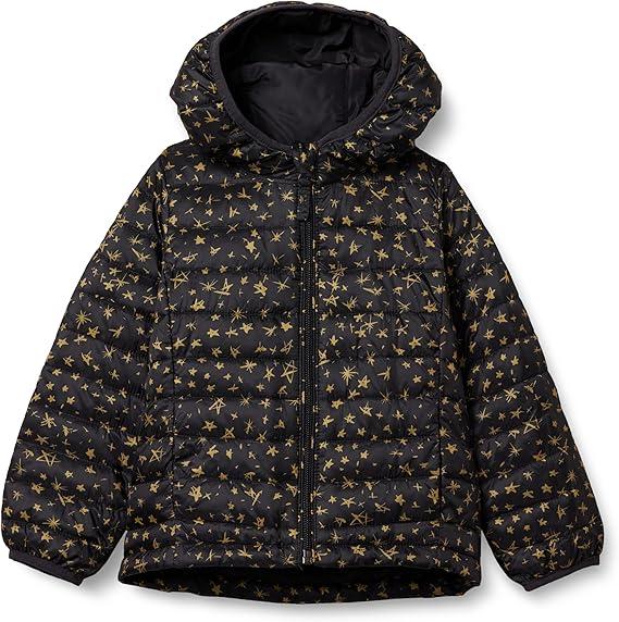 Amazon Essentials Girls and Toddlers' Lightweight Water-Resistant Hooded Packable Mock Puffer Jacket (X-Small, Black Stars)