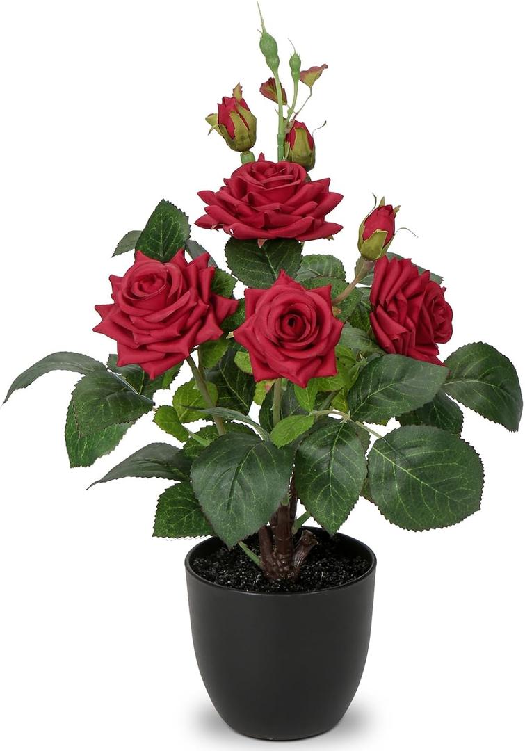 Hollyone Artificial Plants & Flowers in Vase Red Roses Artificial Flowers Potted Plant Faux Silk Flower with Black Pot Fake Rose Flower Arrangement Home Decor Bathroom Shelf Desk Decoration 15 Inch