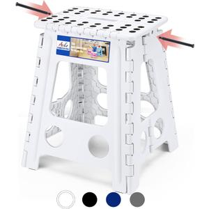 ACKO Folding Step Stool Foldable 16 Inch 400 lbs Capacity, Plastic Stools for Adults and Kids, Collapsible Stools for Kitchen, Stepping Stool with Handle (White)