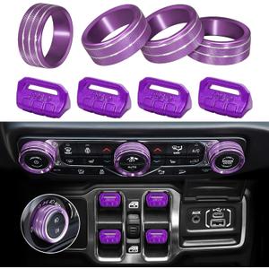 8Pcs Button Knob Cover for Jeep Wrangler JL JLU 2018-2025 2026 & Gladiator JT 2020-2026 Accessories, JL Window Switch Button Cover Volume Radio Air Conditioner Headlight Switch Knob Cover (Purple)