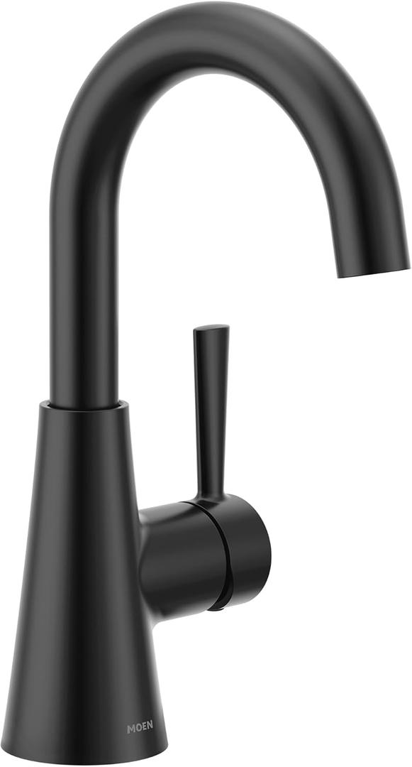 Moen Ronan Matte Black One-Handle Single Hole Modern Bathroom Sink Faucet with Optional Deckplate and Spring Loaded Drain Assembly, 84021BL