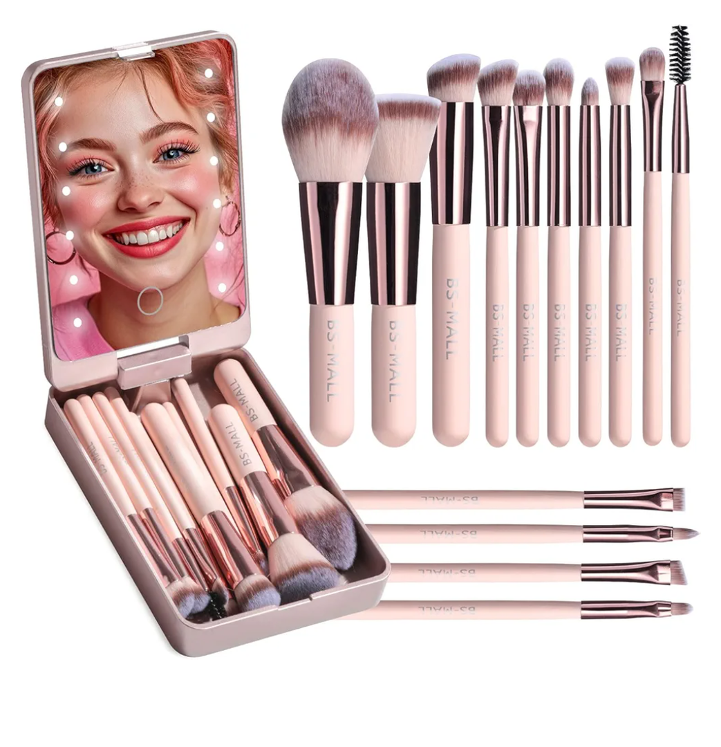 BS-MALL Makeup Brushes Foundation Powder Concealers Eye Shadows Makeup Set with LED light Mirror 14 Pcs Mini Makeup Brushes (APINK)