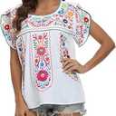 Mexican Floral Embroidered Cotton Blouse Shirts Traditional Summer Tunic Crew Neck Fiesta Style (M, E633W) White