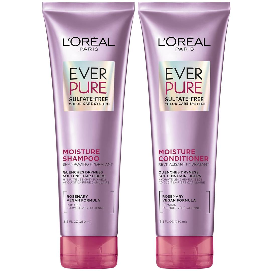 L'Oreal Paris Moisture Sulfate Free Shampoo and Conditioner Set, Hair Care for Color-Treated Hair with Rosemary Botanicals, EverPure, 1 Kit (8.5 Fl Oz (Pack of 2), White)