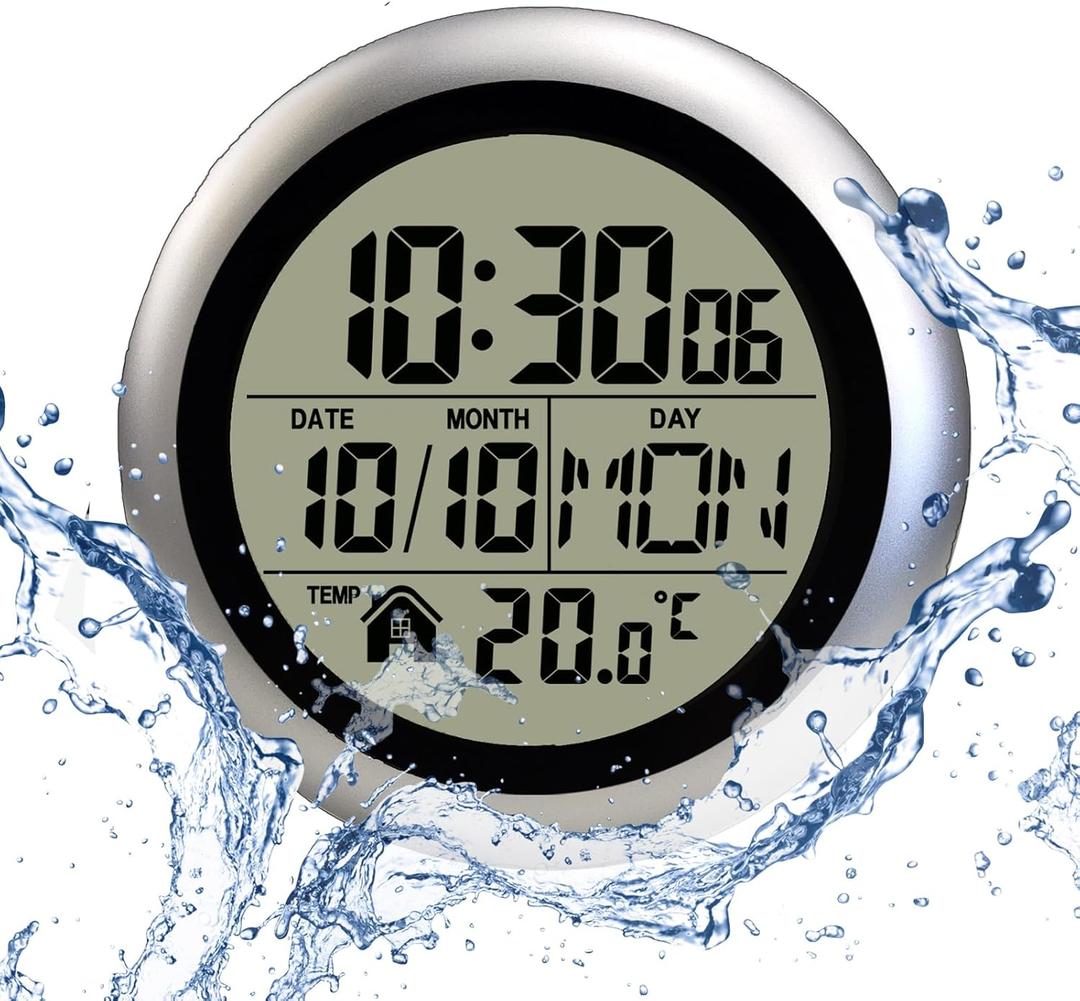 Digital Bathroom Waterproof Wall Clock, Indoor Wall Clock with Suction Cup, Plastic Frame, Flexible Choice for Hanging Or Standing, Modern Silent Small Wall Clock for Living Room and Kitchen