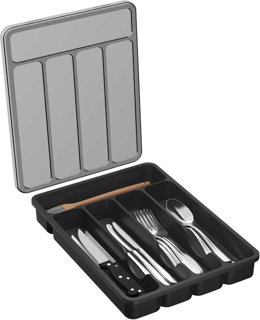 Lifewit Silverware Organizer with Lid, Covered Utensil Tray for Kitchen Drawer and Countertop, Plastic Cutlery and Flatware Storage Box for Spoons Forks Knives Holder Case, 5 Compartments, Black (9.3x12.7x1.7 inch (5 Slots))