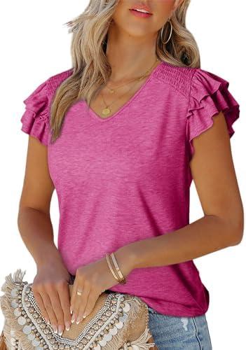 Dokotoo Women's Casual Ruffle Short Sleeve Tops Cute Solid Color Knit Ribbed T Shirts Blouses Small