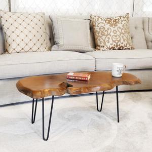 WELLAND Live Edge Teak Coffee Table with Metal Legs 40" L x 17" W x 16" H Rustic Side Table for Living Room, Bedroom, Home Office