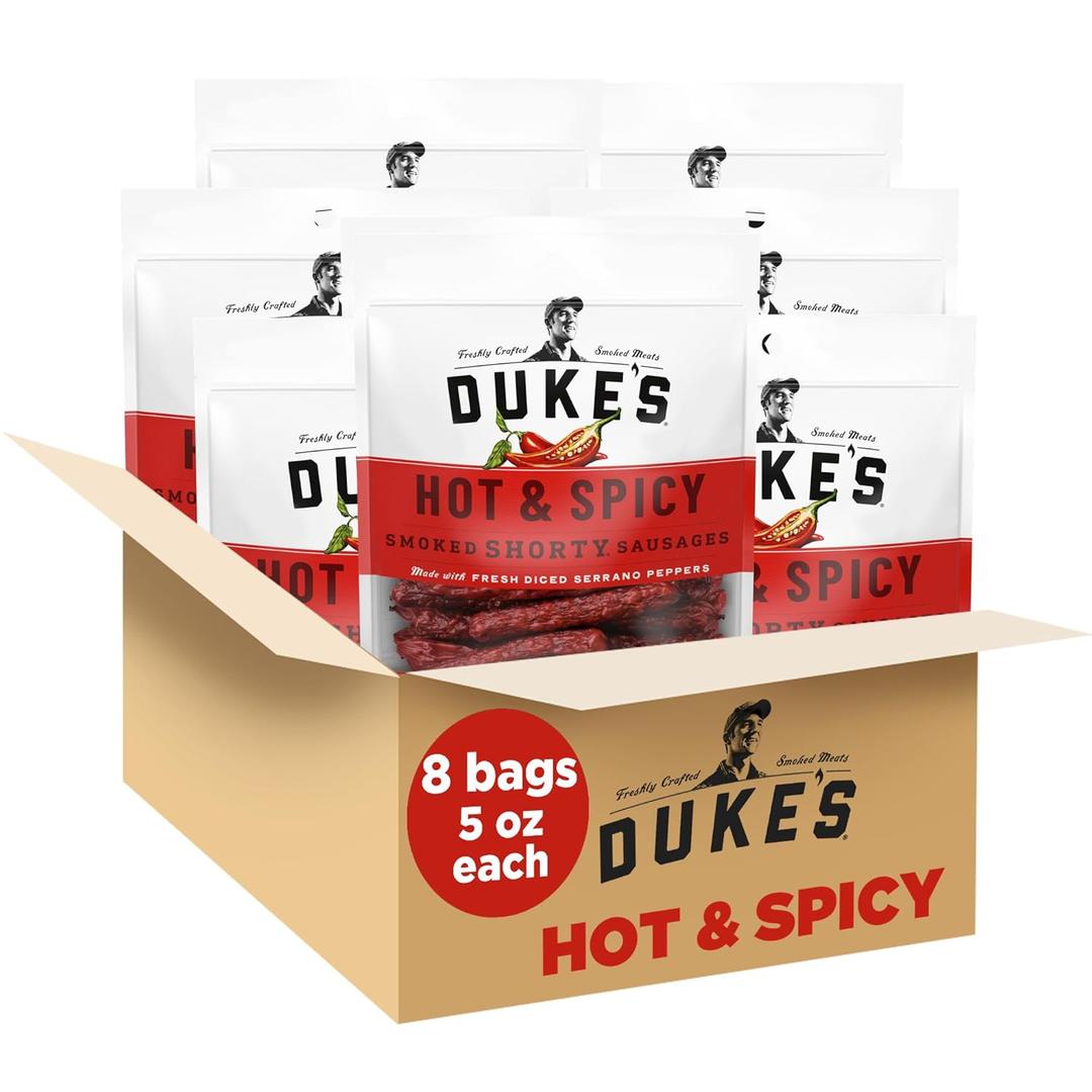 Duke's Pork Hot & Spicy Smoked Shorty Sausages, 7g Protein Per Serving, Great for Charcuterie Boards, 5 oz. (Pack of 8) BB:JUL052025