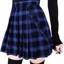 chouyatou Women's Cool Sweet A-Line Decorative Strap Plaid Pleated Mini Skirt (Medium, Blue)