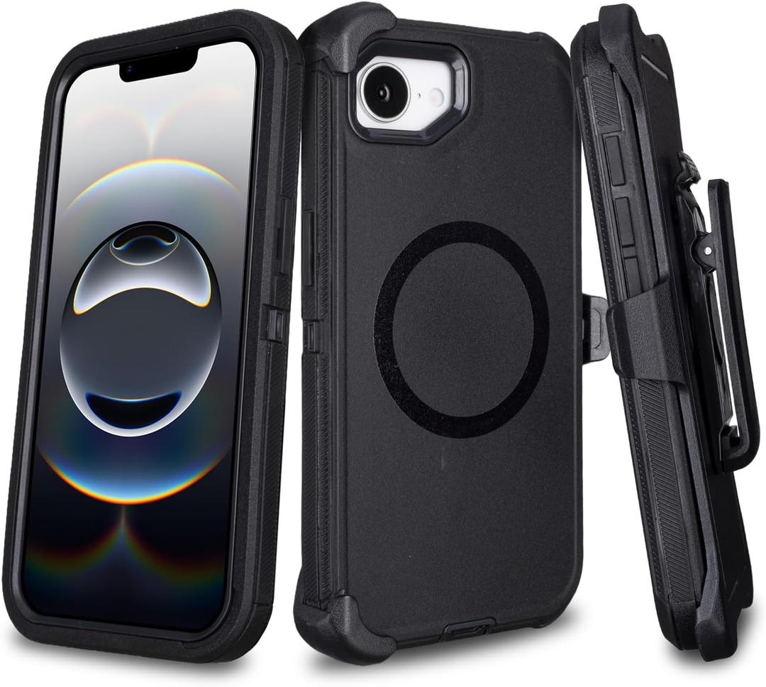 for iPhone 16e Case with Belt Clip Holster, Compatible with MagSafe, 3-Layer Shockproof Anti-Drop Full Body Protective Case, Heavy Duty Rugged Defender Cover for iPhone 16e, Black