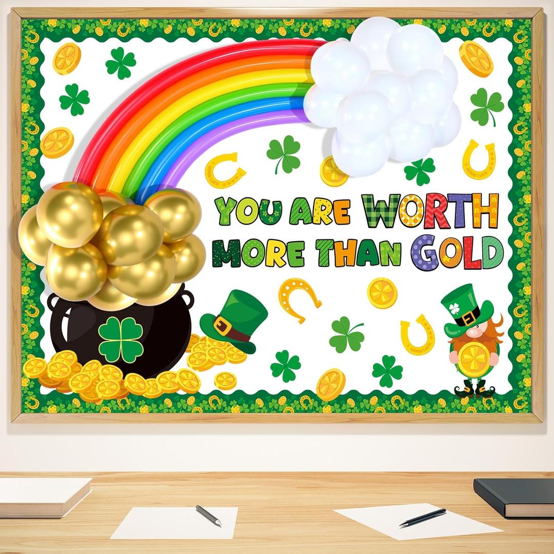 Funrous St. Patrick's Day Bulletin Board Decoration 3D Rainbow Balloon Decor Irish Bulletin Board Shamrock Gold Coin Pot Paper Cutouts Clover Classroom Chalkboard Decor for Classroom Wall Door