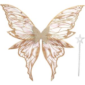 Fairy Wings for Adults Women 31.5"x29.5" Fairy Costume Set Large Butterfly Wings for Halloween Party (Gold)