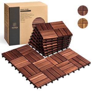 Set 10 Premium Deck Tiles, Interlocking Deck Tile, Wooden Patio Flooring Outdoor Waterproof, Acacia Wood Decking All Weather for Balcony Indoor and Outdoor Use (Dark Brown, Round Joints) (10 Pcs - 10 Square Ft)