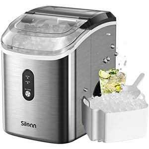 Nugget Ice Maker Countertop, Silonn Chewable Pellet Ice Machine with Self-Cleanin Function, 33lbs/24H Portable Ice Makers for Home Kitchen Officce, Stainless Steel